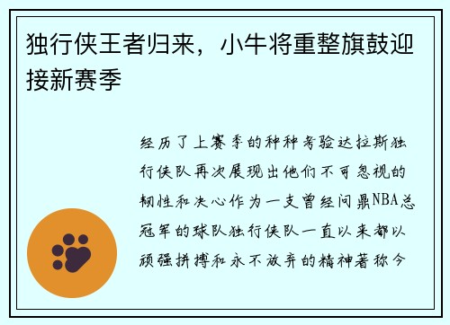独行侠王者归来，小牛将重整旗鼓迎接新赛季