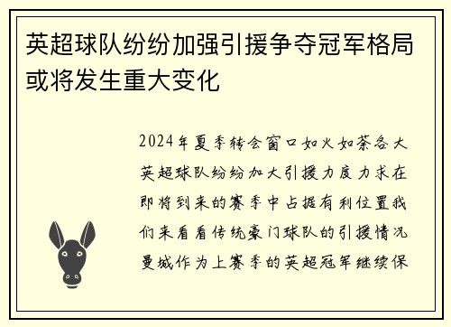 英超球队纷纷加强引援争夺冠军格局或将发生重大变化